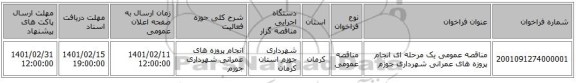 مناقصه، مناقصه عمومی یک مرحله ای انجام پروزه های عمرانی شهرداری جوزم