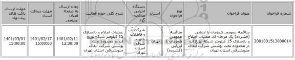 مناقصه، مناقصه عمومی همزمان با ارزیابی (فشرده) یک مرحله ای عملیات اصلاح و بازسازی 15 کیلومتر شبکه توزیع آب در محدوده تحت پوشش شرکت آبفای جنوبشرقی استان تهران