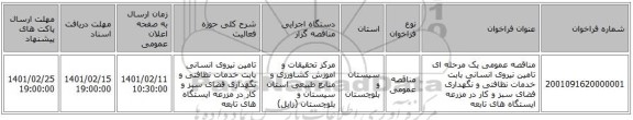 مناقصه، مناقصه عمومی یک مرحله ای تامین نیروی انسانی بابت خدمات نظافتی و نگهداری فضای سبز و کار در مزرعه ایستگاه های تابعه