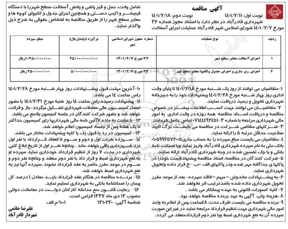 مناقصه عملیات احرای آسفالت معابر سطح شهر و...