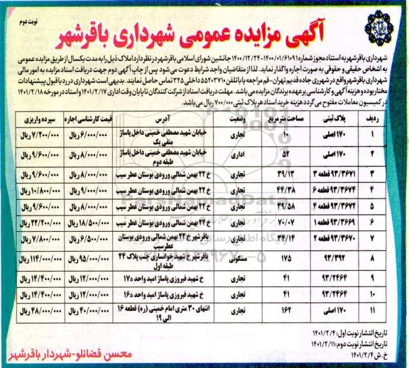 مزایده اجاه املاک تجاری و مسکونی - نوبت دوم 