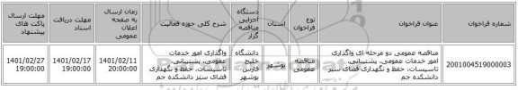 مناقصه، مناقصه عمومی دو مرحله ای واگذاری امور خدمات عمومی، پشتیبانی، تاسیسات، حفظ و نگهداری فضای سبز دانشکده جم