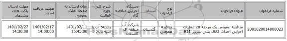مناقصه، مناقصه عمومی یک مرحله ای عملیات اجرایی احداث کانال بتنی سرریز R11