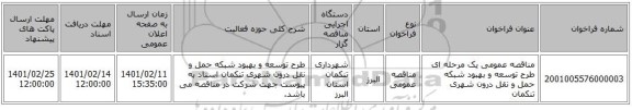 مناقصه، مناقصه عمومی یک مرحله ای طرح توسعه و بهبود شبکه حمل و نقل درون شهری تنکمان
