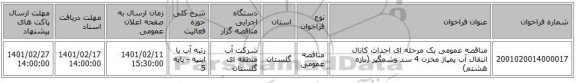 مناقصه، مناقصه عمومی یک مرحله ای احداث کانال انتقال آب پمپاژ مخزن 4 سد وشمگیر (بازه هشتم)