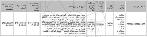 مناقصه، مناقصه عمومی یک مرحله ای انجام عملیات لایروبی کانال سیلاب بر رامشیر