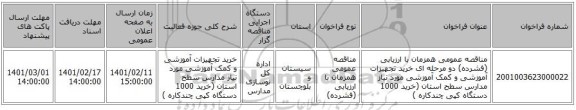 مناقصه، مناقصه عمومی همزمان با ارزیابی (فشرده) دو مرحله ای خرید تجهیزات آموزشی و کمک آموزشی مورد نیاز مدارس سطح استان (خرید 1000 دستگاه کپی چندکاره )