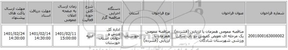 مناقصه، مناقصه عمومی همزمان با ارزیابی (فشرده) یک مرحله ای تعویض کفپوش دو باب سالن ورزشی شهرستان شادگان