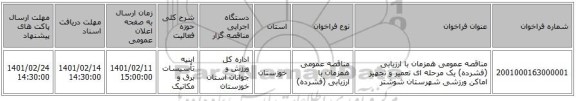 مناقصه، مناقصه عمومی همزمان با ارزیابی (فشرده) یک مرحله ای تعمیر و تجهیز اماکن ورزشی شهرستان شوشتر