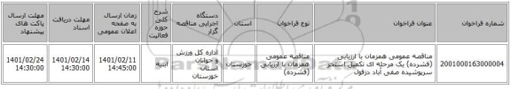 مناقصه، مناقصه عمومی همزمان با ارزیابی (فشرده) یک مرحله ای تکمیل استخر سرپوشیده صفی آباد دزفول