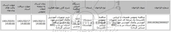 مناقصه، مناقصه عمومی همزمان با ارزیابی (فشرده) یک مرحله ای خرید تجهیزات آموزشی وکمک آموزشی مورد نیاز مدارس سطح استان س و ب (800 صندلی گردان)