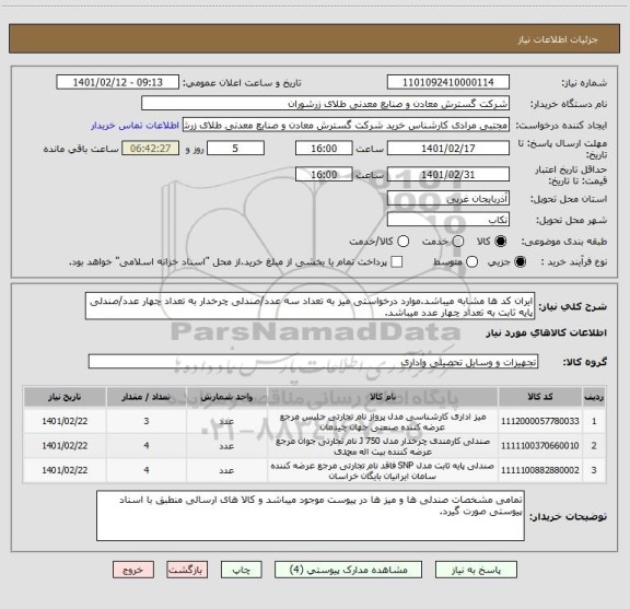 استعلام ایران کد ها مشابه میباشد.موارد درخواستی میز به تعداد سه عدد/صندلی چرخدار به تعداد چهار عدد/صندلی پایه ثابت به تعداد چهار عدد میباشد.