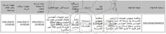مناقصه، مناقصه عمومی همزمان با ارزیابی (فشرده) یک مرحله ای خرید تجهیزات آموزشی وکمک آموزشی مورد نیاز مدارس سطح استان س و ب(1000 فایل فلزی 4 کشو، 700 کمد بایگانی)