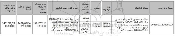 مناقصه، مناقصه عمومی یک مرحله ای خرید یراق الات OPGW(10.5) و تعویض سیم محافظ هوایی خط 132 کیلوولت دو مداره پست شیبلو با OPGW(10.5) به صورت گرم