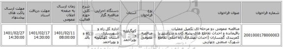 مناقصه، مناقصه عمومی دو مرحله ای تکمیل عملیات باقیمانده و احداث تقاطع های پشه کان و سرآبننیز با کمربندی گچساران (احداث بهسازی راه اصلی تقاطع شهرک صنعتی چهاربی