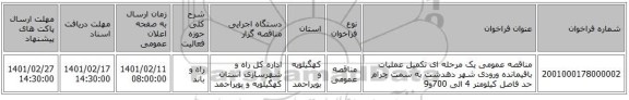 مناقصه، مناقصه عمومی یک مرحله ای تکمیل عملیات باقیمانده  ورودی شهر دهدشت به سمت چرام حد فاصل کیلومتر 4 الی 700و9 