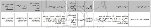 مناقصه، مناقصه عمومی یک مرحله ای بیمه تکمیلی پرسنل و بیمه جامع مسئولیت شهری و مسئولیت مدنی کارفرما در قبال کارکنان