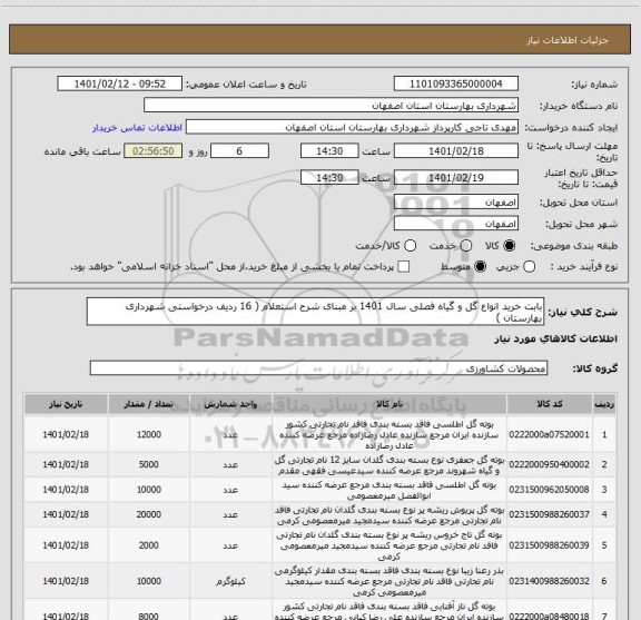 استعلام بابت خرید انواع گل و گیاه فصلی سال 1401 بر مبنای شرح استعلام ( 16 ردیف درخواستی شهرداری بهارستان )