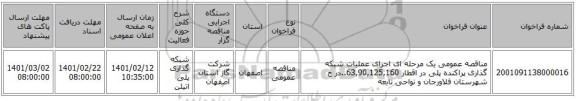 مناقصه، مناقصه عمومی یک مرحله ای اجرای عملیات شبکه گذاری پراکنده پلی در اقطار 63,90,125,160..در ح شهرستان فلاورجان و نواحی تابعه 