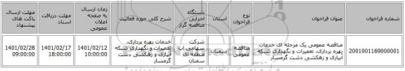 مناقصه، مناقصه عمومی یک مرحله ای خدمات بهره برداری، تعمیرات و نگهداری شبکه آبیاری و زهکشی دشت گرمسار