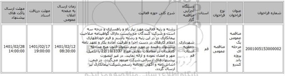مناقصه، مناقصه عمومی یک مرحله ای پروژه باند کندرو