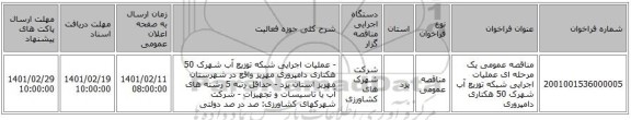 مناقصه، مناقصه عمومی یک مرحله ای  عملیات اجرایی شبکه توزیع آب شهرک 50 هکتاری دامپروری