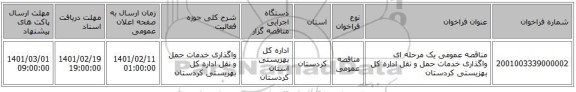 مناقصه، مناقصه عمومی یک مرحله ای واگذاری خدمات حمل و نقل اداره کل بهزیستی کردستان