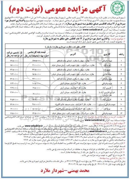 مزایده واگذاری امتیاز بهره برداری از 12 باب کانکس های متعلق به شهرداری نوبت دوم 