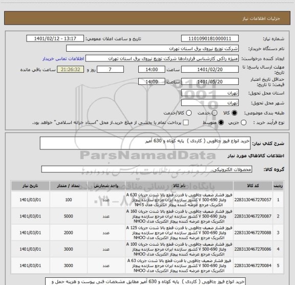استعلام خرید انواع فیوز چاقویی ( کاردی )  پایه کوتاه و 630 آمپر