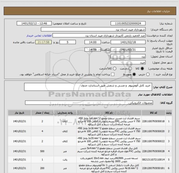 استعلام  خرید کابل آلومینیوم  و مسی و شمش طبق استاندارد جدول