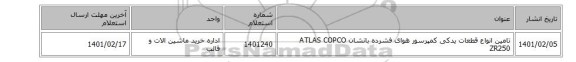 تامین انواع قطعات یدکی کمپرسور هوای فشرده بانشان ATLAS COPCO ZR250