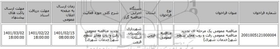 مناقصه، مناقصه عمومی یک مرحله ای تجدید مناقصه عمومی رفت و روب معابر سطح شهر(خدمات شهری)