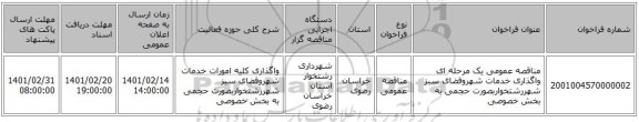 مناقصه، مناقصه عمومی یک مرحله ای واگذاری خدمات شهروفضای سبز شهررشتخواربصورت حجمی به بخش خصوصی