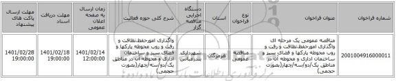 مناقصه، مناقصه عمومی یک مرحله ای واگذاری امورحفظ،نظافت و رفت و روب محوطه پارکها و فضای سبز و ساختمان اداری و محوطه آن در مناطق یک/دو/سه/چهار(بصورت حجمی)