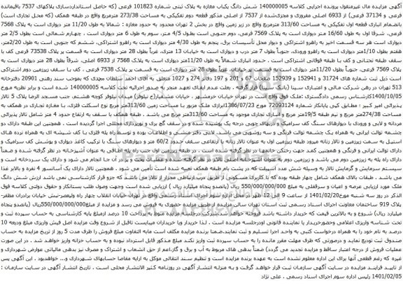 مزایده فروش شش دانگ یکباب مغازه به پلاک ثبتی شماره 101823 فرعی