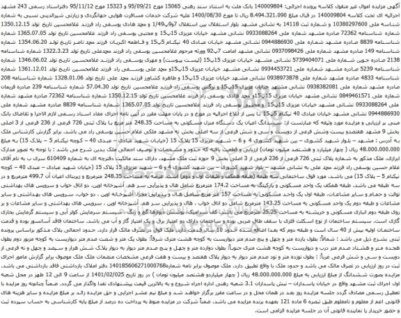 مزایده فروش ششدانگ اعیان یک دستگاه منزل مسکونی به مساحت 248.35 متر مربع