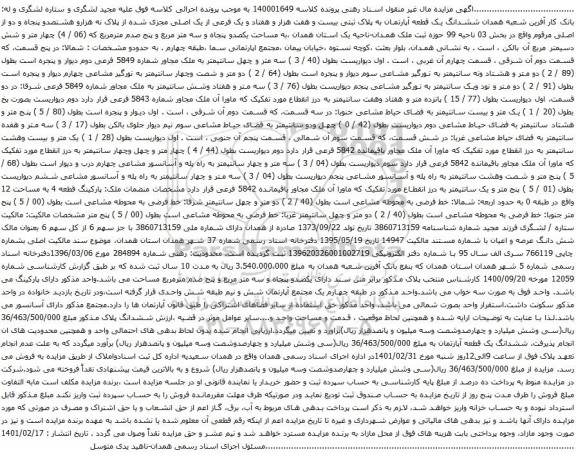 مزایده ششدانگ یک قطعه آپارتمان به پلاک ثبتی بیست و هفت هزار و هفتاد و یک فرعی