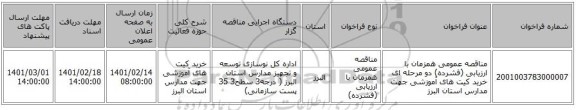 مناقصه، مناقصه عمومی همزمان با ارزیابی (فشرده) دو مرحله ای خرید کیت های آموزشی جهت مدارس استان البرز