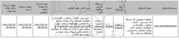 مناقصه، مناقصه عمومی یک مرحله ای بازرسی ، کنترل ، مراقبت ،نگهداری و جلوگیری ازتخلیه خاک ومازاد مصالح ساختمانی ، وهرگونه پسماند دیگر