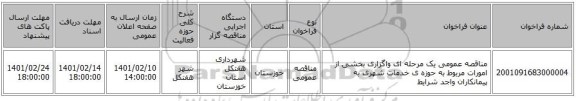 مناقصه، مناقصه عمومی یک مرحله ای واگزاری بخشی از امورات مربوط به حوزه ی خدمات شهری به پیمانکاران واجد شرایط