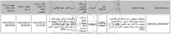 مناقصه، مناقصه عمومی دو مرحله ای واگذاری اجرای پروژه های تبدیل شبکه فشار ضعیف به کابل خود نگهدار واقع در شهرستان تیران  بصورت کلید در دست 2202