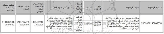 مناقصه، مناقصه عمومی دو مرحله ای واگذاری اجرای پروژه های تبدیل شبکه فشار ضعیف به کابل خود نگهدار واقع در شهرستان بوئین و میاندشت  بصورت کلید در دست 2199