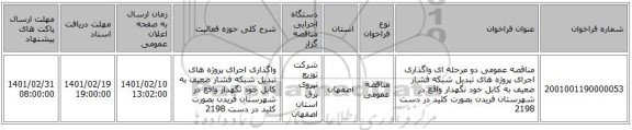 مناقصه، مناقصه عمومی دو مرحله ای واگذاری اجرای پروژه های تبدیل شبکه فشار ضعیف به کابل خود نگهدار واقع در شهرستان فریدن  بصورت کلید در دست 2198