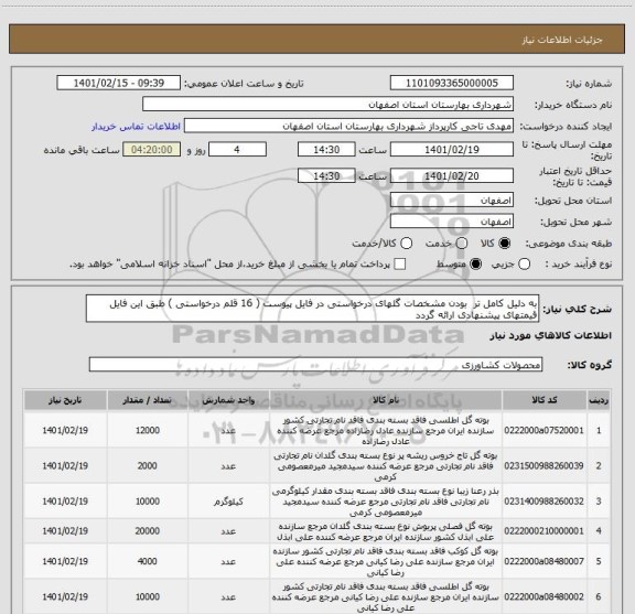 استعلام به دلیل کامل تر  بودن مشخصات گلهای درخواستی در فایل پیوست ( 16 قلم درخواستی ) طبق این فایل قیمتهای پیشنهادی ارائه گردد 