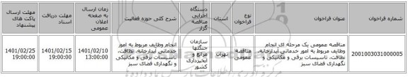 مناقصه، مناقصه عمومی یک مرحله ای انجام وظایف مربوط به امور خدماتی آبدارخانه، نظافت، تاسیسات برقی و مکانیکی و نگهداری فضای سبز