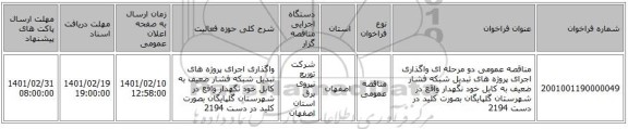 مناقصه، مناقصه عمومی دو مرحله ای واگذاری اجرای پروژه های تبدیل شبکه فشار ضعیف به کابل خود نگهدار واقع در شهرستان گلپایگان  بصورت کلید در دست 2194