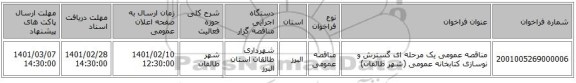 مناقصه، مناقصه عمومی یک مرحله ای گسترش و نوسازی کتابخانه عمومی (شهر طالقان)