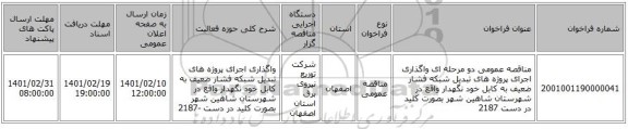 مناقصه، مناقصه عمومی دو مرحله ای واگذاری اجرای پروژه های تبدیل شبکه فشار ضعیف به کابل خود نگهدار واقع در شهرستان شاهین شهر بصورت کلید در دست 2187
