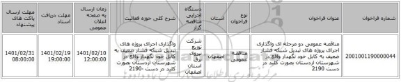 مناقصه، مناقصه عمومی دو مرحله ای واگذاری اجرای پروژه های تبدیل شبکه فشار ضعیف به کابل خود نگهدار واقع در شهرستان اردستان  بصورت کلید در دست 2190
