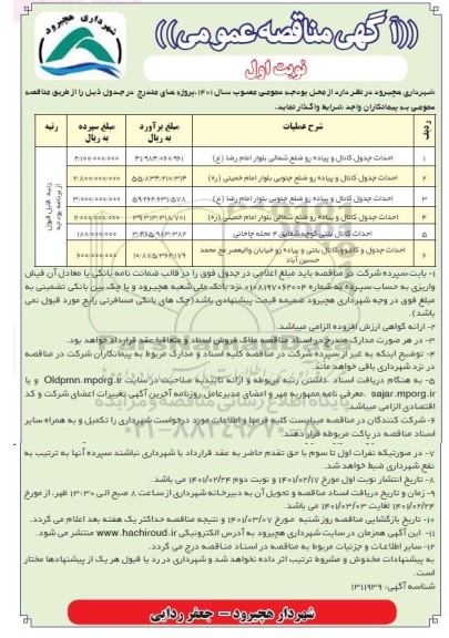 مناقصه احداث جدول کانال و پیاده رو و...
